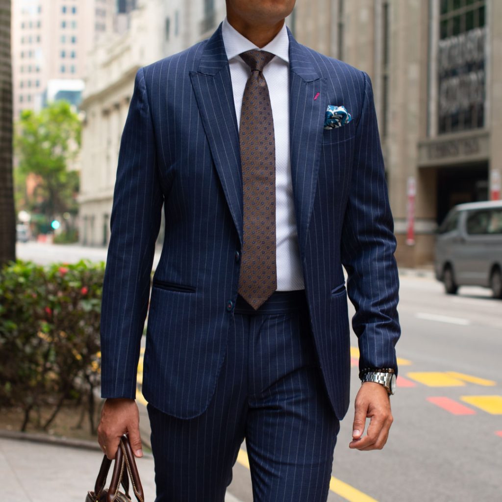 Tailored Navy pin stripes suit by Perfect Attire Singapore| Suit tailor Singapore| Bespoke suit by Perfect Attire Singapore